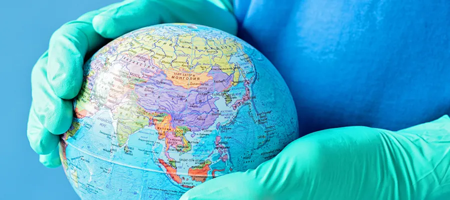 Person wearing medical gloves holding a globe